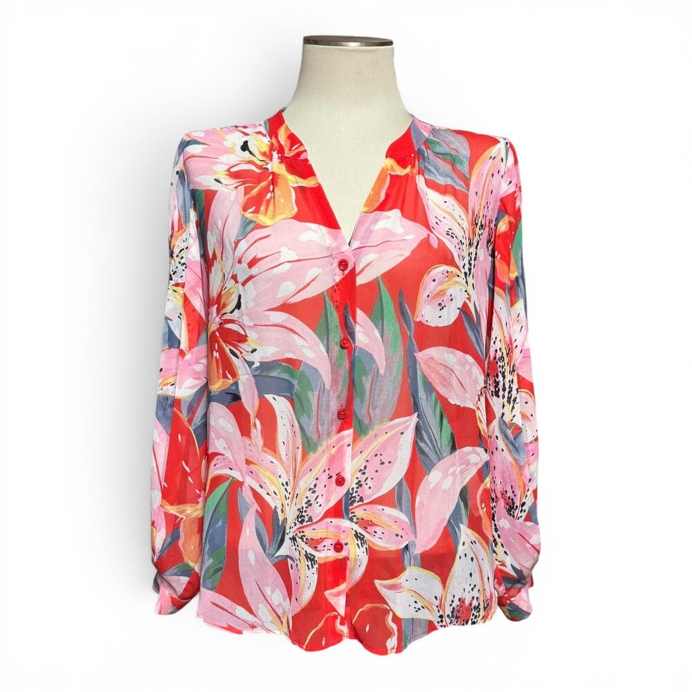 Chico's Sheer Long Sleeve Blouse Top Tropical Red Pink Floral 10